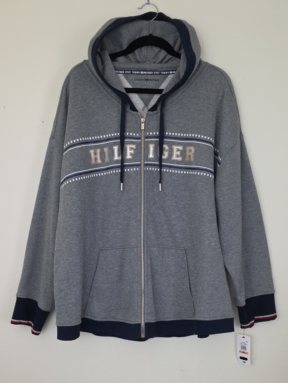 NWT Tommy Hilfiger Sport Gray, Navy & Gold Hoodie Zip Jacket 3X
